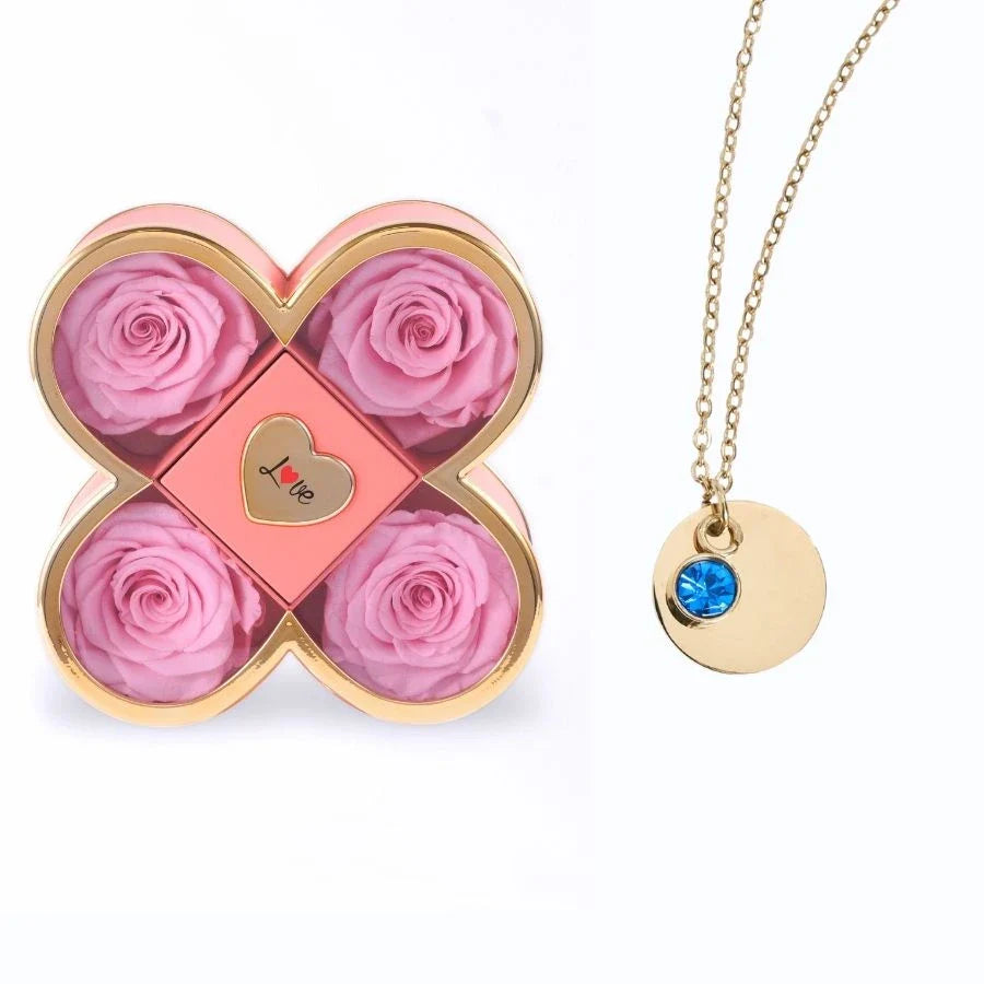Caixa Amor de Quatro Rosas & Colar Gravado