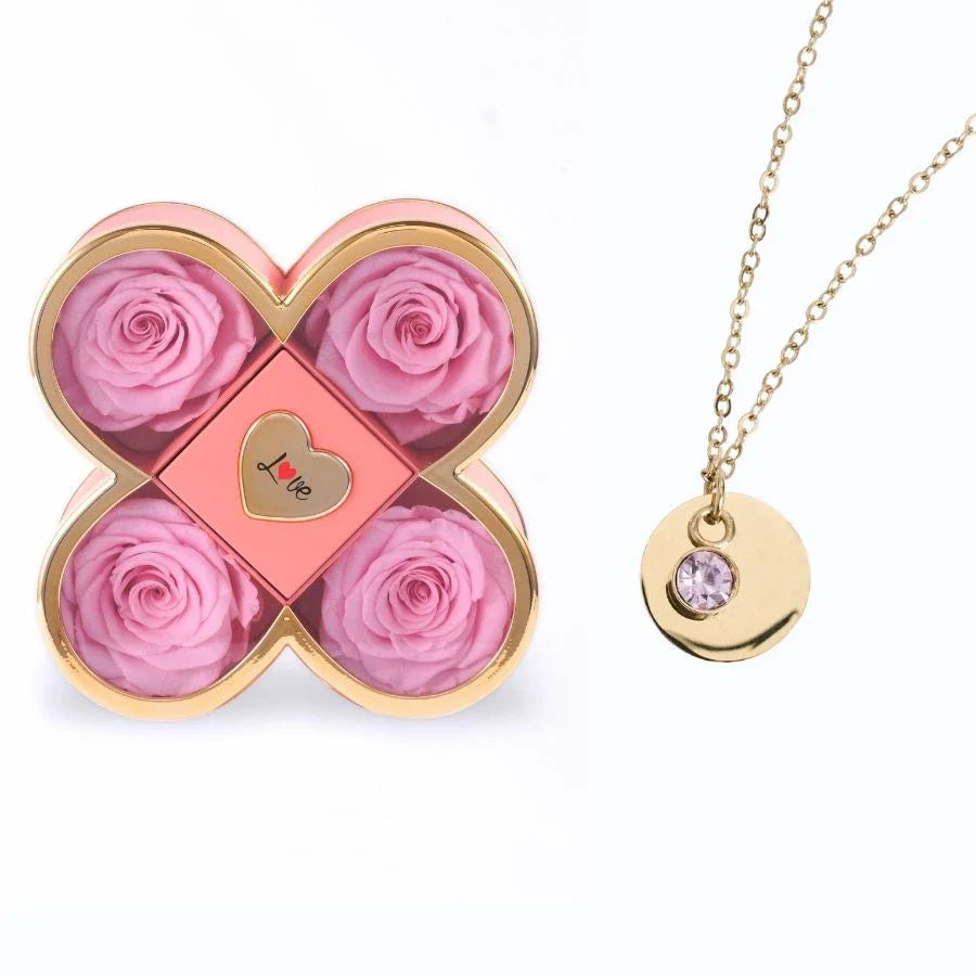 Caixa Amor de Quatro Rosas & Colar Gravado