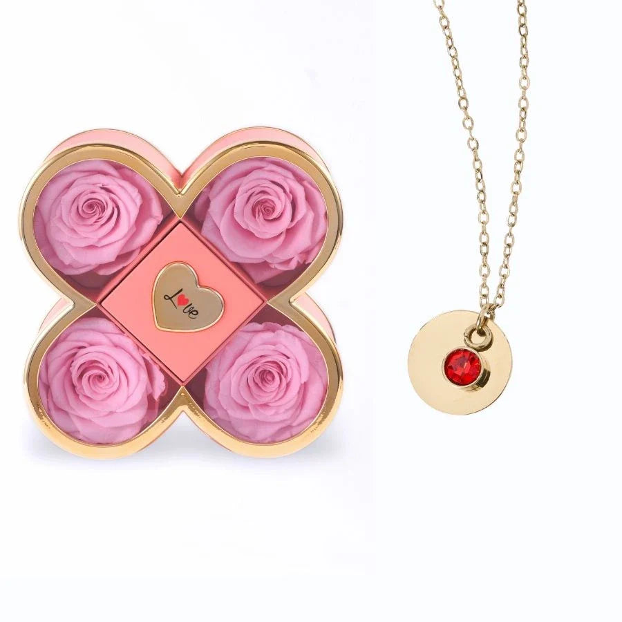 Caixa Amor de Quatro Rosas & Colar Gravado