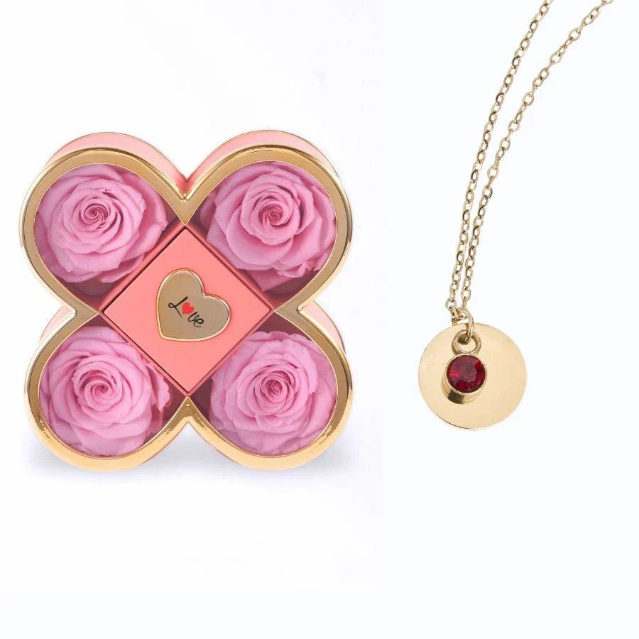 Caixa Amor de Quatro Rosas & Colar Gravado