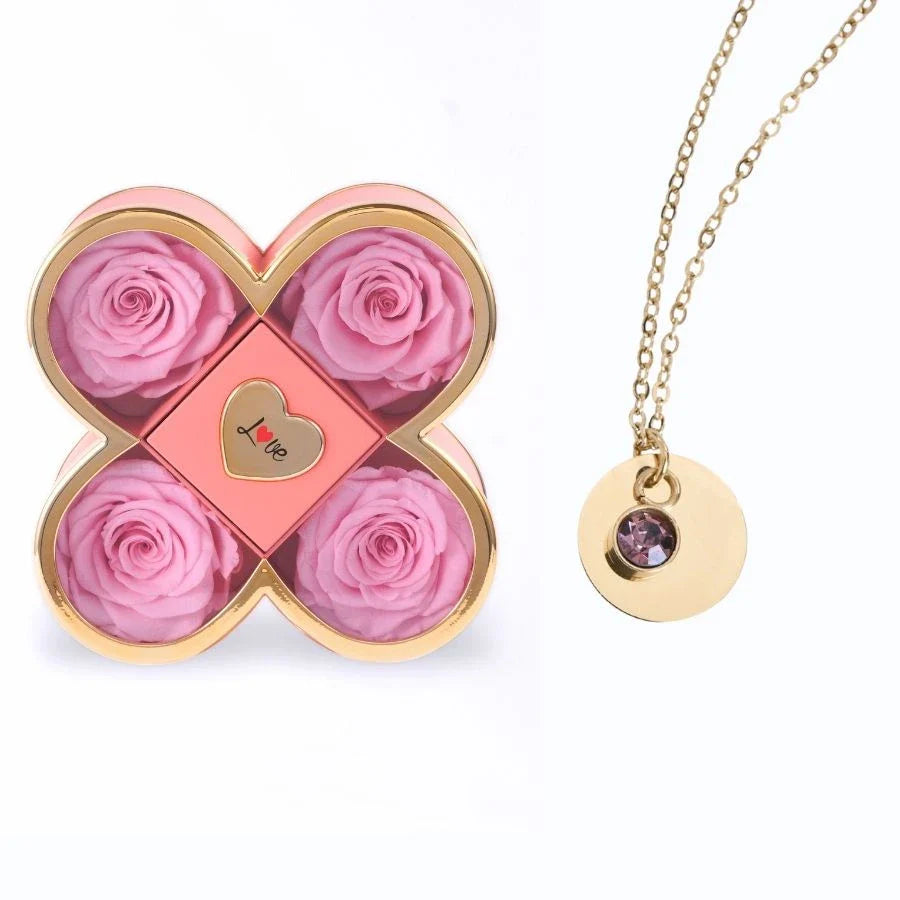 Caixa Amor de Quatro Rosas & Colar Gravado