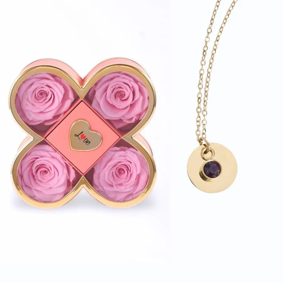 Caixa Amor de Quatro Rosas & Colar Gravado