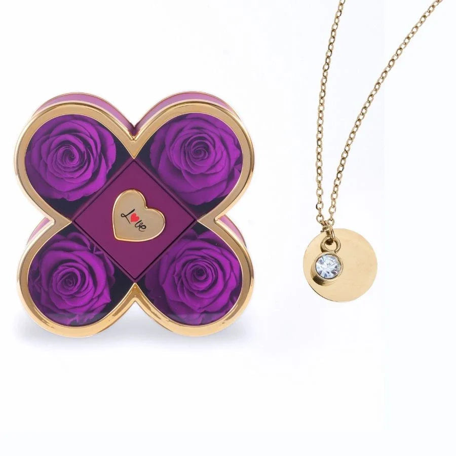 Caixa Amor de Quatro Rosas & Colar Gravado