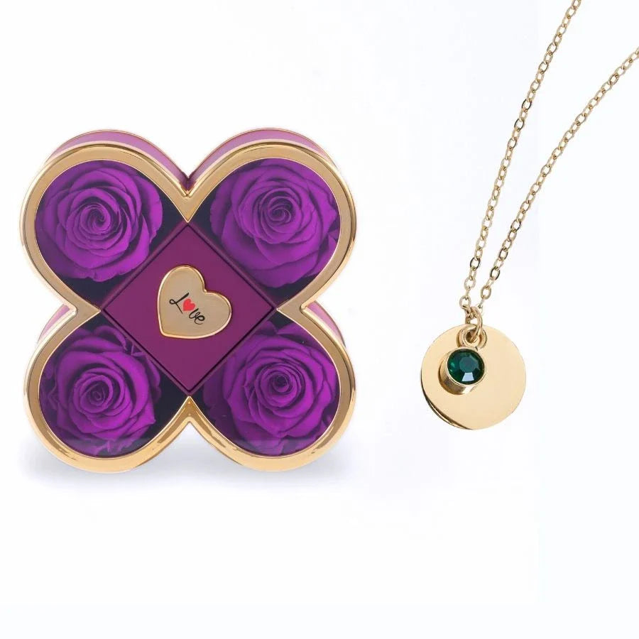 Caixa Amor de Quatro Rosas & Colar Gravado