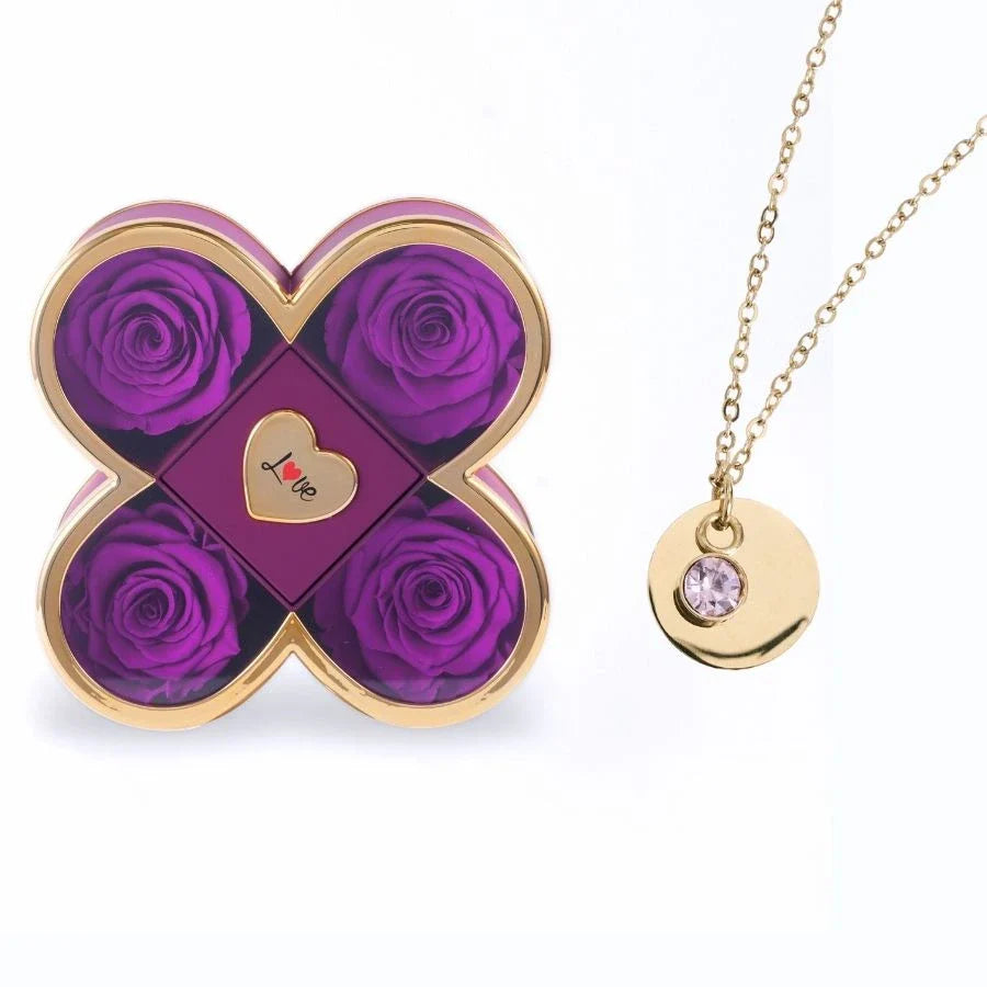 Caixa Amor de Quatro Rosas & Colar Gravado
