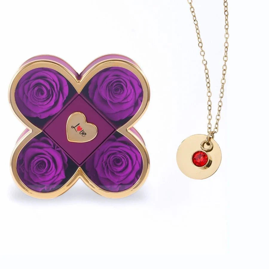 Caixa Amor de Quatro Rosas & Colar Gravado