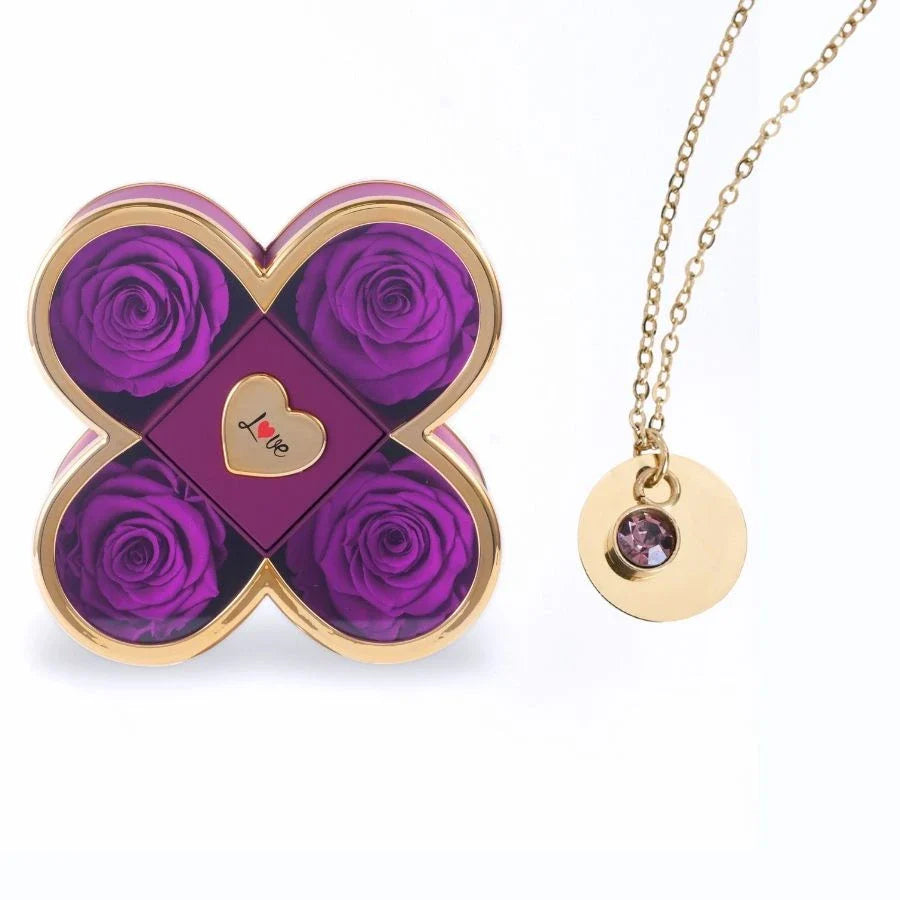 Caixa Amor de Quatro Rosas & Colar Gravado