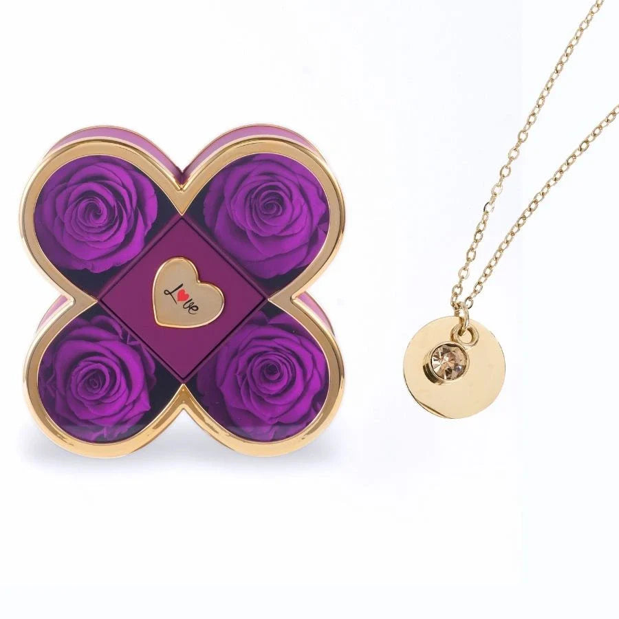 Caixa Amor de Quatro Rosas & Colar Gravado