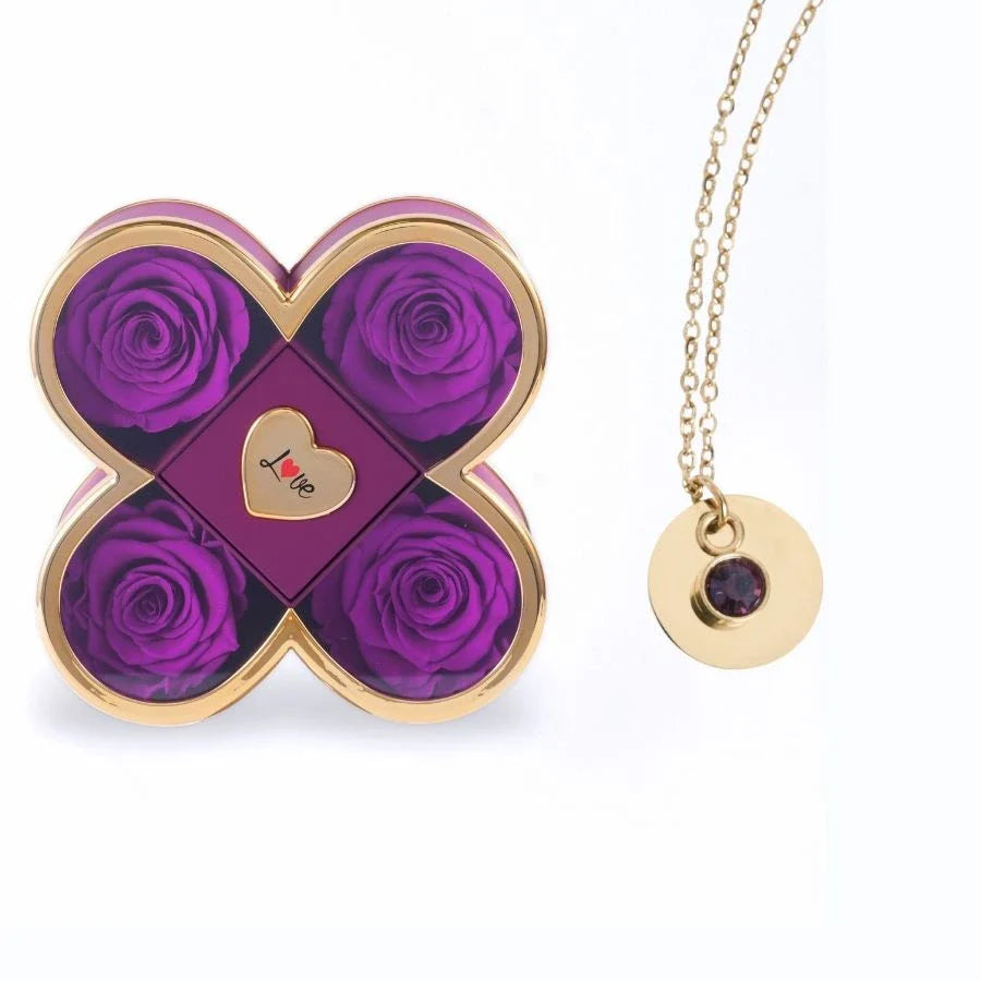 Caixa Amor de Quatro Rosas & Colar Gravado