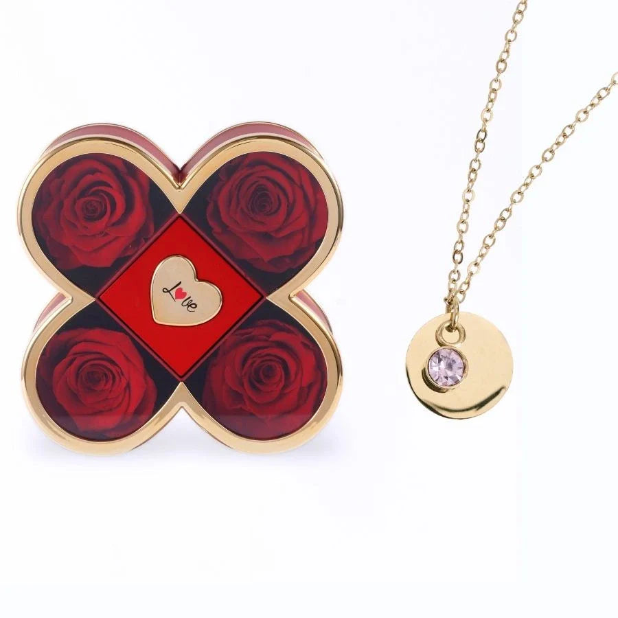 Caixa Amor de Quatro Rosas & Colar Gravado