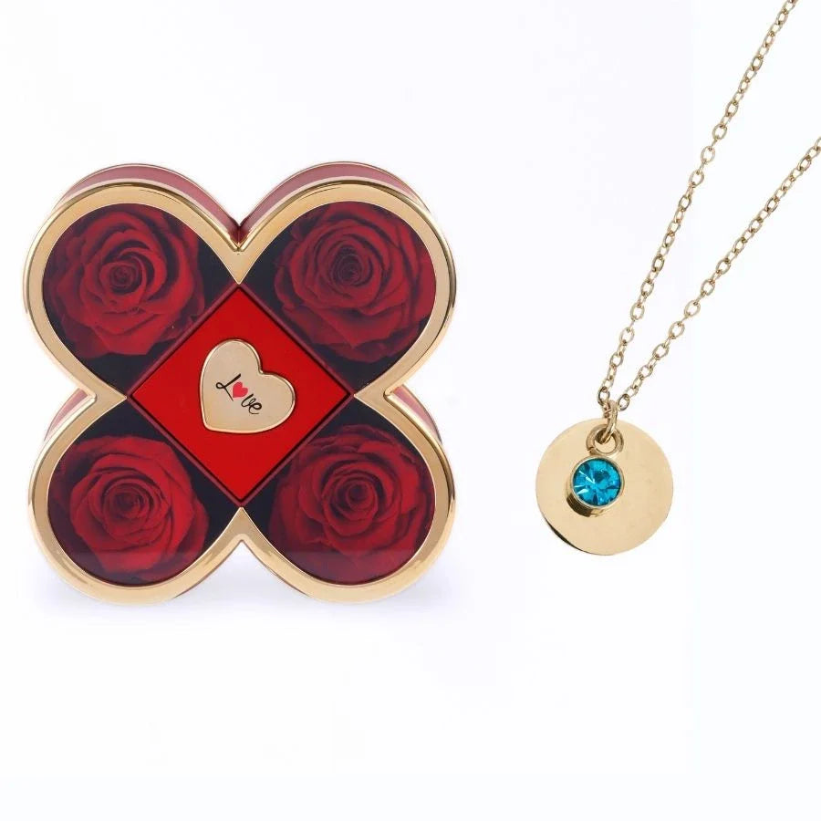 Caixa Amor de Quatro Rosas & Colar Gravado