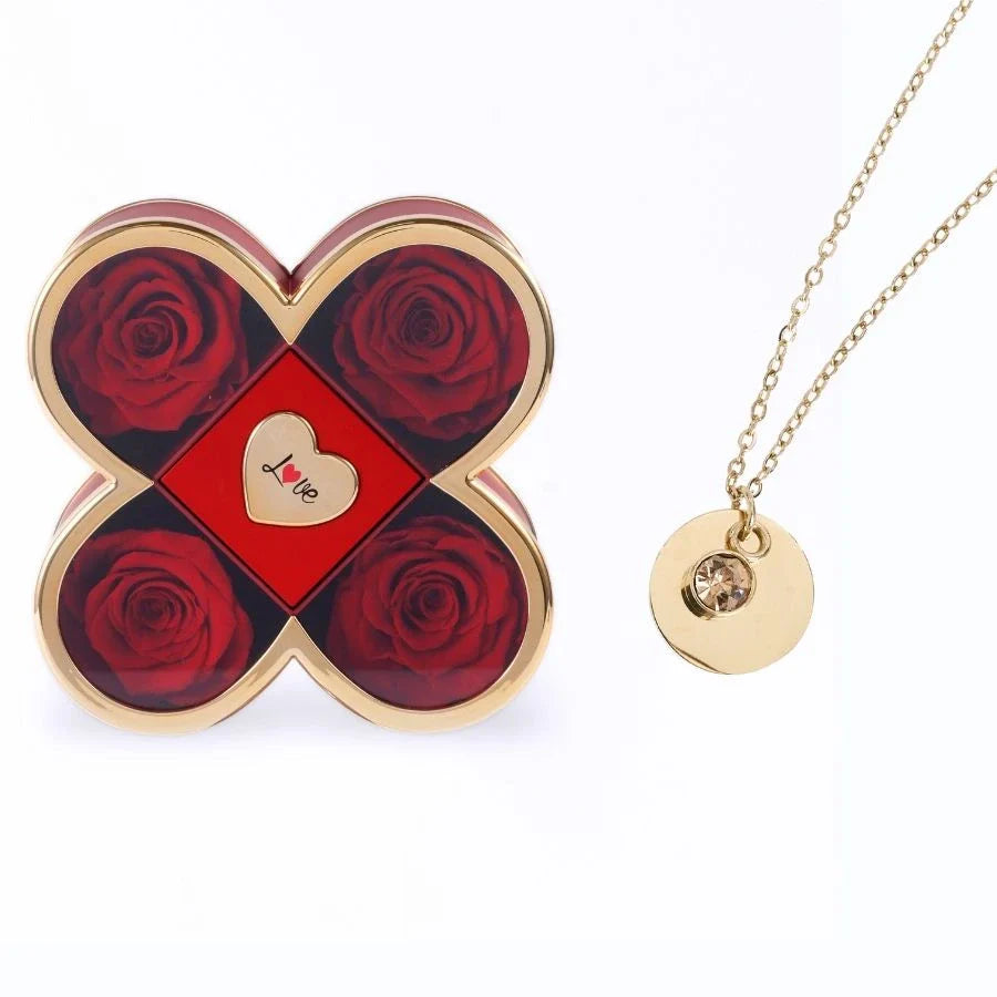 Caixa Amor de Quatro Rosas & Colar Gravado