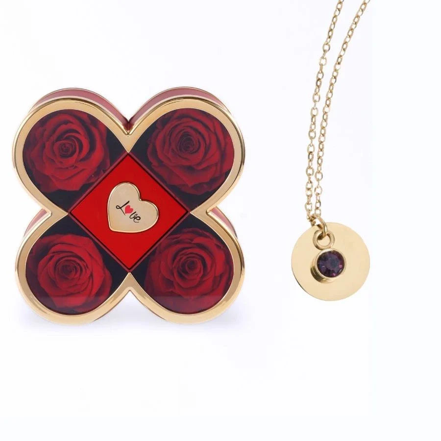 Caixa Amor de Quatro Rosas & Colar Gravado