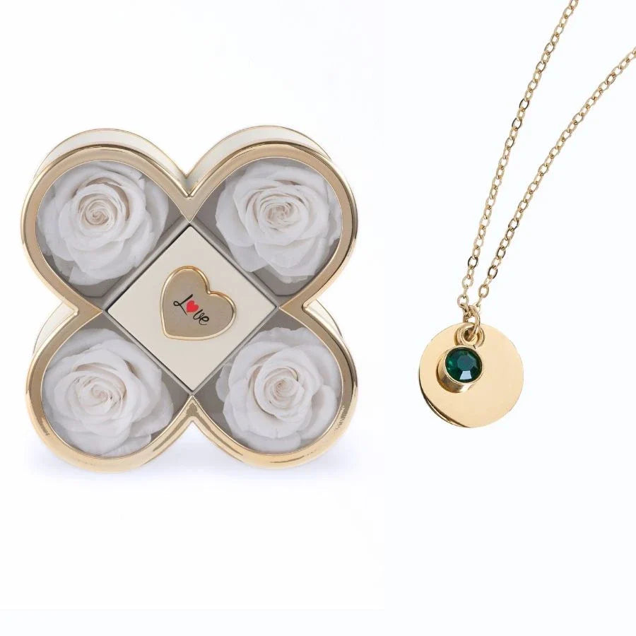 Caixa Amor de Quatro Rosas & Colar Gravado