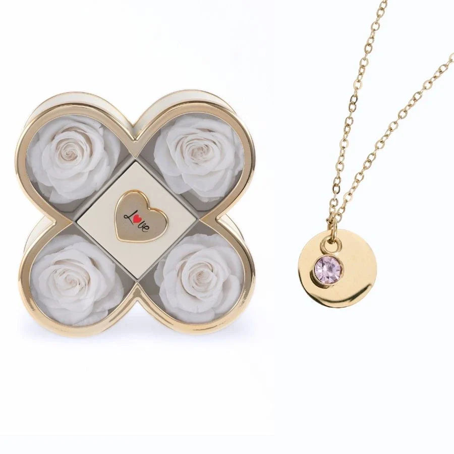 Caixa Amor de Quatro Rosas & Colar Gravado