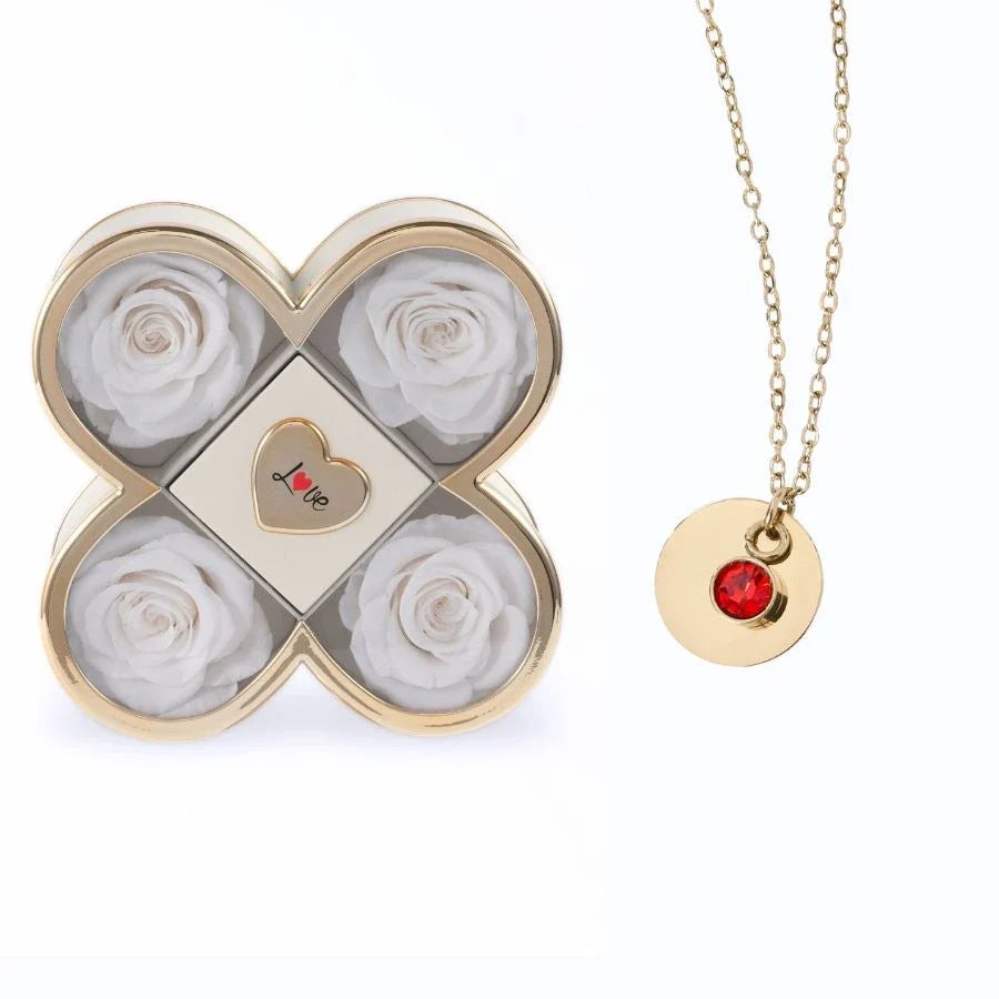 Caixa Amor de Quatro Rosas & Colar Gravado