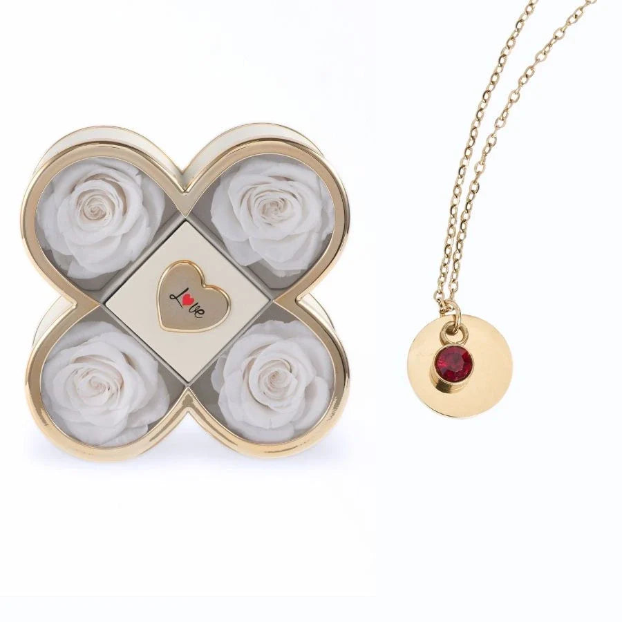 Caixa Amor de Quatro Rosas & Colar Gravado