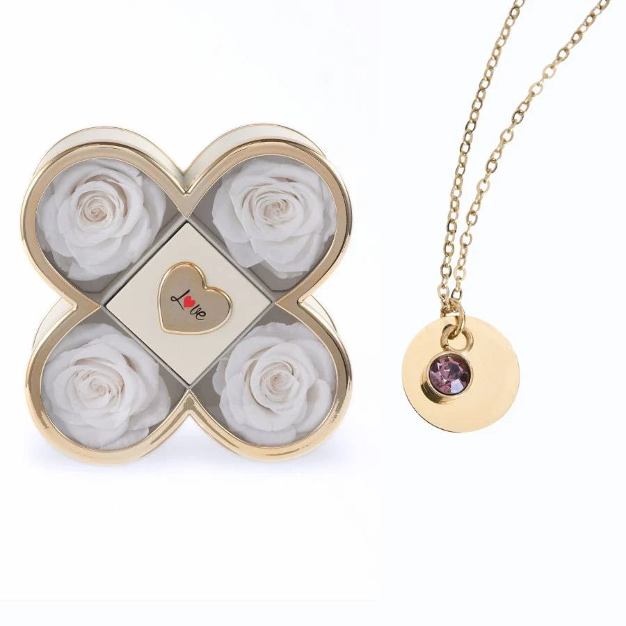 Caixa Amor de Quatro Rosas & Colar Gravado