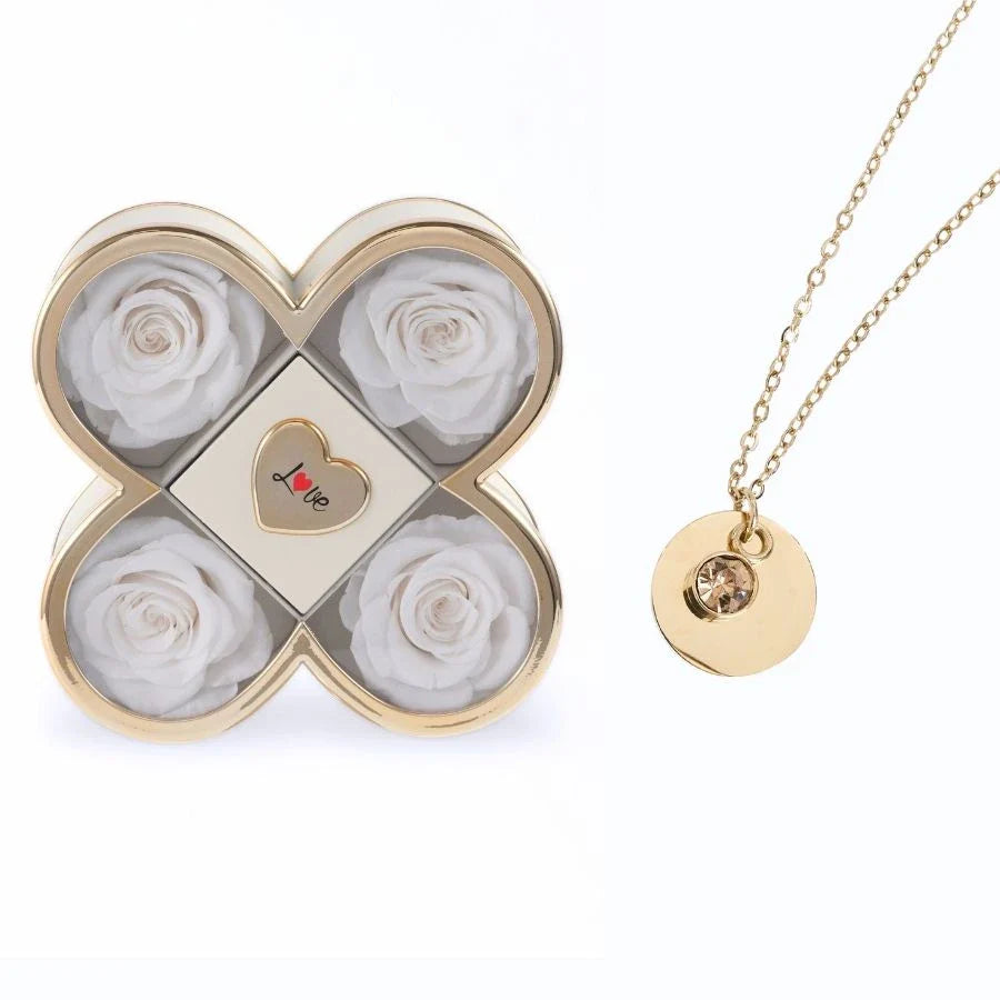 Caixa Amor de Quatro Rosas & Colar Gravado