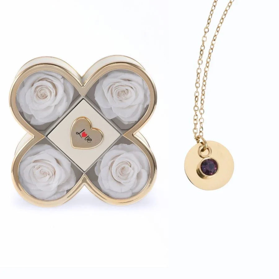 Caixa Amor de Quatro Rosas & Colar Gravado