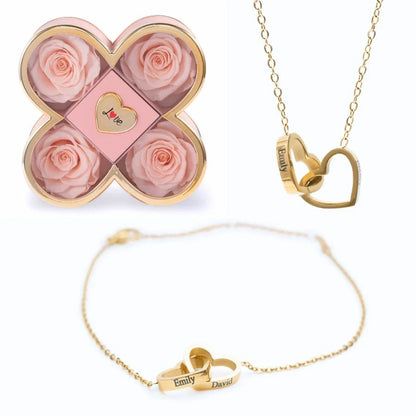 Caixa Amor de Quatro Rosas & Colar + Pulseira Personalizada