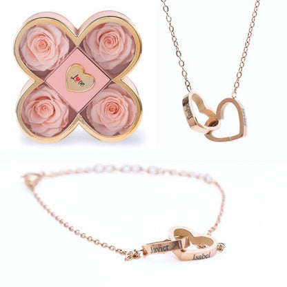 Caixa Amor de Quatro Rosas & Colar + Pulseira Personalizada