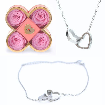 Caixa Amor de Quatro Rosas & Colar + Pulseira Personalizada