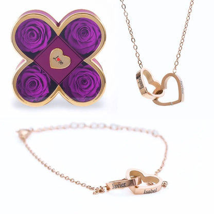 Caixa Amor de Quatro Rosas & Colar + Pulseira Personalizada