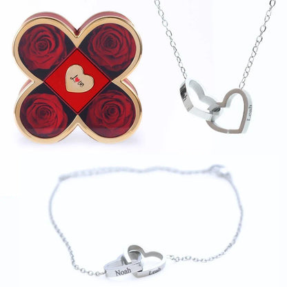 Caixa Amor de Quatro Rosas & Colar + Pulseira Personalizada
