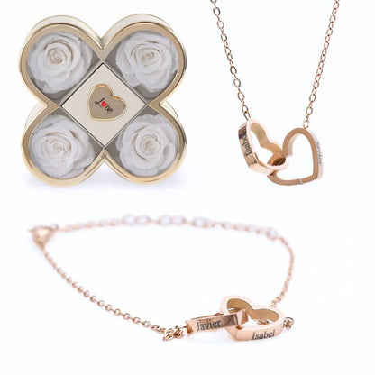 Caixa Amor de Quatro Rosas & Colar + Pulseira Personalizada